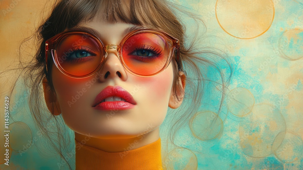 Woman, orange glasses, yellow sweater, artistic background.