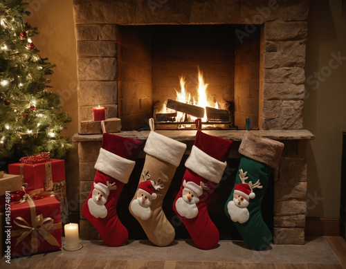 Festive christmas stockings hanging by the fireplace with holiday decorations. AI Generative