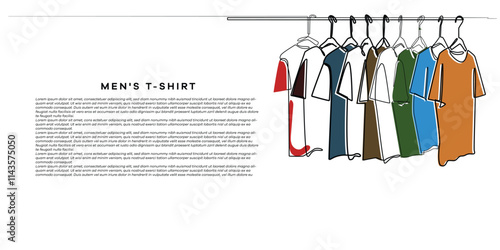 line art drawing of men's t-shirt hanging on a hanger.abstract men's clothing background.men's clothing background template one line art concept