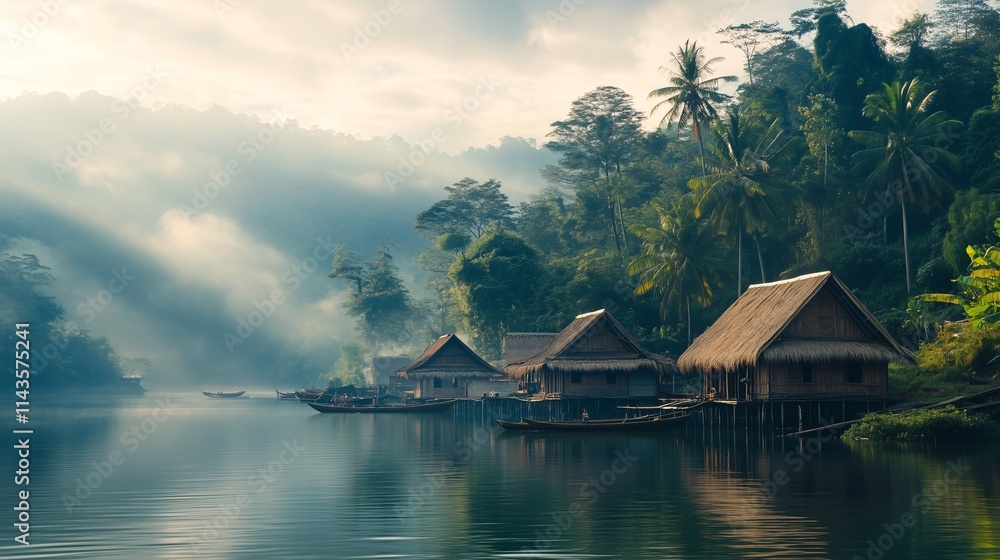 A small village nestled on the edge of a lake with a few boats moored in the water The village is surrounded by lush green hills A small village nestled on the edge of a lake with a few boats moored in the water The village is surrounded by lush green hills