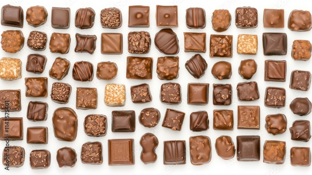 A visually appealing assortment of various chocolate confections arranged neatly, showcasing different textures and shapes. A visually appealing assortment of various chocolate confections arranged neatly, showcasing different textures and shapes.
