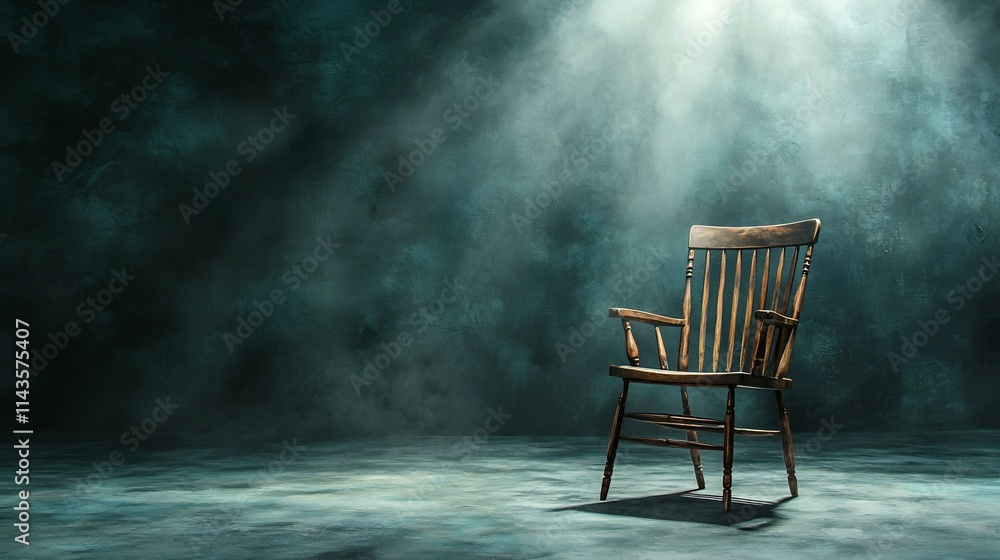 A single empty chair standing alone in the center of a dark stage bathed in the solitary glow of a spotlight symbolizing themes of disappointment missed opportunities A single empty chair standing alone in the center of a dark stage bathed in the solitary glow of a spotlight symbolizing themes of disappointment missed opportunities