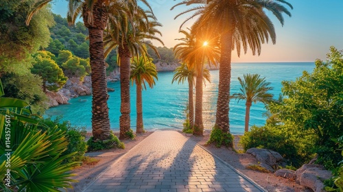 Palm trees frame a paved path leading to a blue ocean with a sunburst behind them. AI generative. . photo