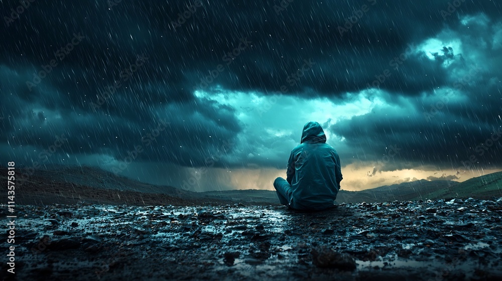 Lone figure sitting solitary under a dark brooding storm cloud as rain pours down only on them symbolizing a state of isolation and despair amidst a brighter more hopeful world