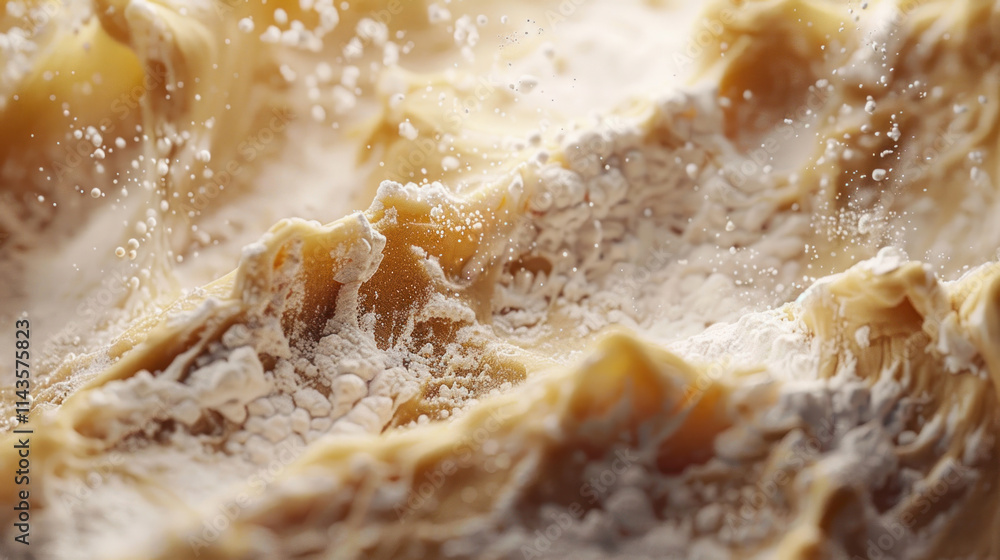 Rising bread dough, light flour dusting, close-up with airy texture, soft natural light, rustic atmosphere Rising bread dough, light flour dusting, close-up with airy texture, soft natural light, rustic atmosphere
