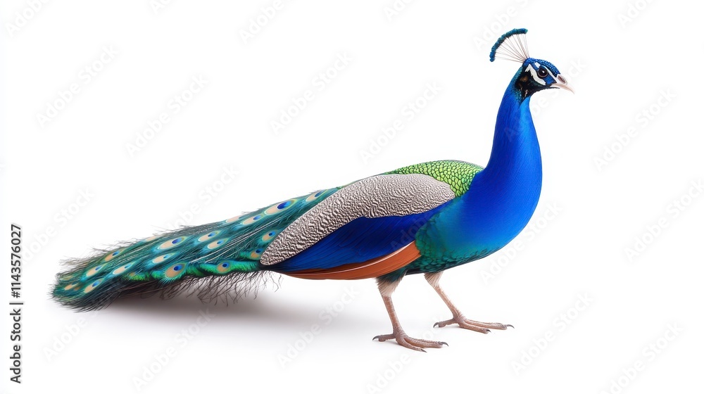 Fototapeta premium A vibrant peacock with striking blue and green feathers stands elegantly, showcasing its colorful plumage against a white background.