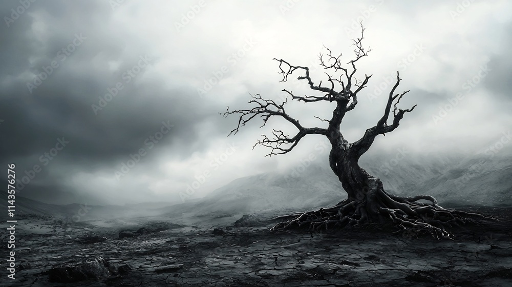 Eerie lifeless tree with bare skeletal branches reaching up towards a bleak gray sky in a desolate barren wasteland symbolizing feelings of despair isolation and hopelessness Eerie lifeless tree with bare skeletal branches reaching up towards a bleak gray sky in a desolate barren wasteland symbolizing feelings of despair isolation and hopelessness