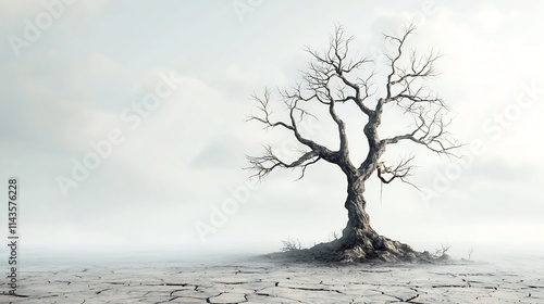 Desolate bare tree standing alone in a barren lifeless landscape its bare branches reaching up towards a bleak gray sky conveying a sense of desolation lifelessness and despair