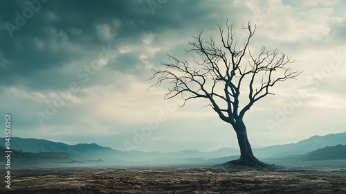 A desolate skeletal tree reaching its bare twisted branches up towards a gloomy gray sky in a desolate barren landscape devoid of any sign of life symbolizing a sense of lifelessness despair