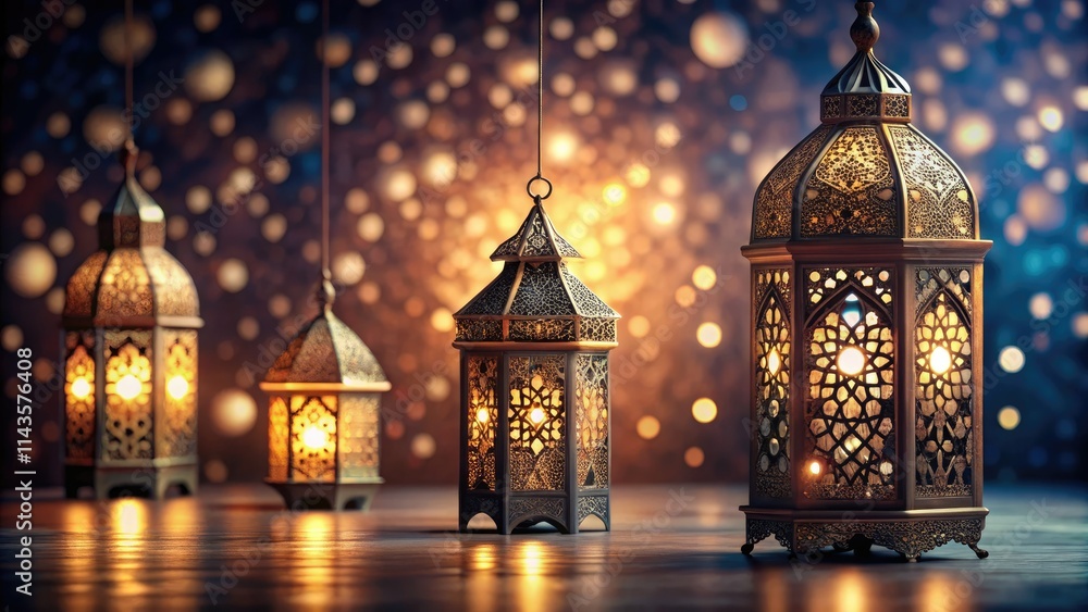 Elegant Arabic art: Intricate Islamic lantern patterns adorn festive Ramadan décor, creating an elegant Islamic background. Elegant Arabic art: Intricate Islamic lantern patterns adorn festive Ramadan décor, creating an elegant Islamic background.
