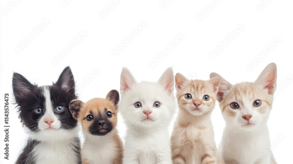 A charming group of five adorable kittens of various colors, showcasing their playful and curious nature against a white background. A charming group of five adorable kittens of various colors, showcasing their playful and curious nature against a white background.