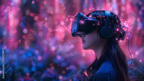 A woman in a VR headset surrounded by pink and blue bokeh lights. AI generative. .