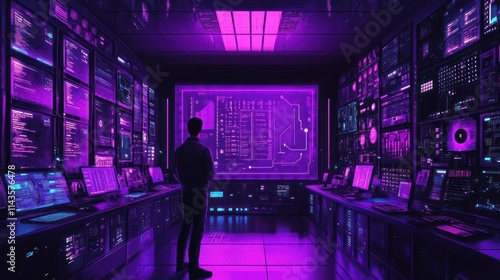 A Man Stands in a Neon-Lit Server Room