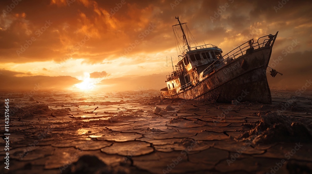 A ship marooned in the middle of a vast cracked and arid landscape symbolizing feelings of hopelessness isolation and being out of place This surreal A ship marooned in the middle of a vast cracked and arid landscape symbolizing feelings of hopelessness isolation and being out of place This surreal
