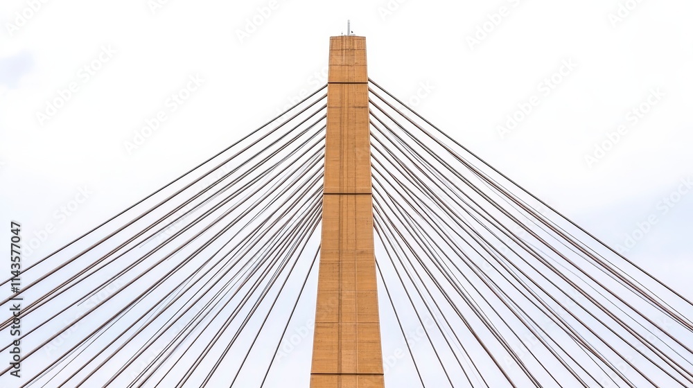 A tall, beige cable-stayed bridge tower with multiple cables extending outward against a cloudy sky. A tall, beige cable-stayed bridge tower with multiple cables extending outward against a cloudy sky.