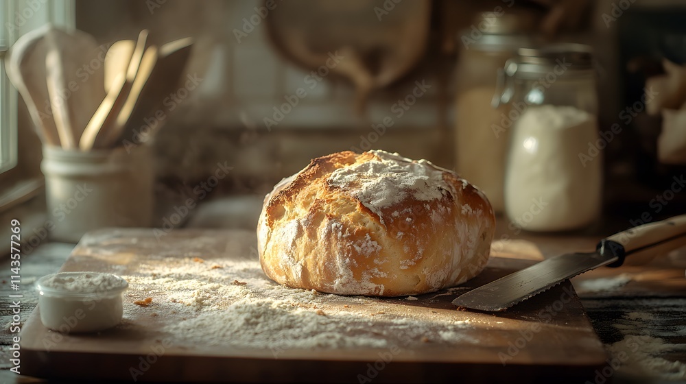Freshly Baked Artisanal Bread on Rustic Wooden Board Freshly Baked Artisanal Bread on Rustic Wooden Board