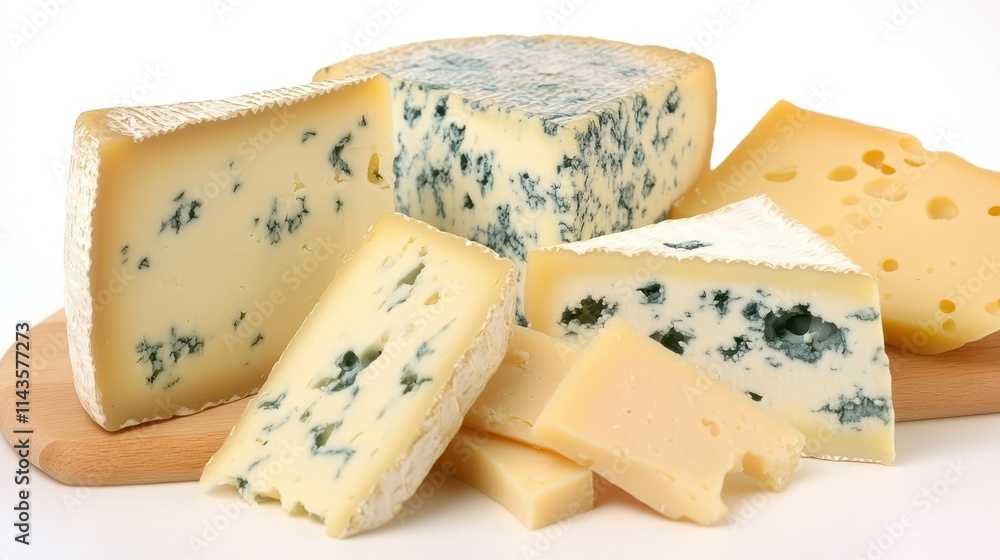 A variety of cheeses, including blue and aged types, arranged on a wooden board showcasing diverse textures and colors. A variety of cheeses, including blue and aged types, arranged on a wooden board showcasing diverse textures and colors.