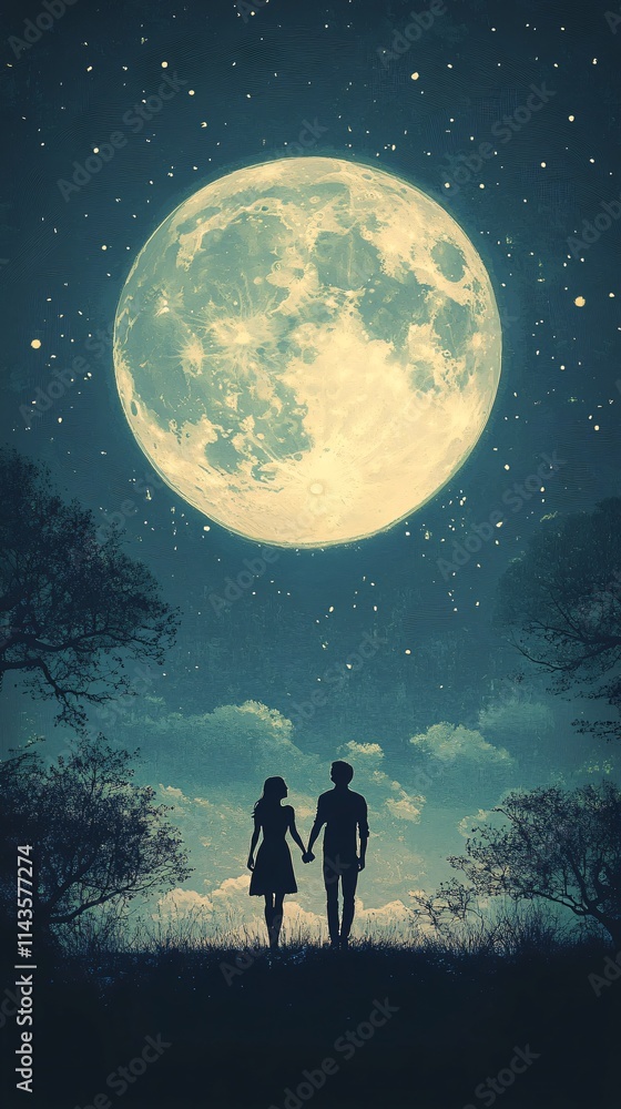 Romantic Silhouette of Couple Under a Full Moon Night Sky Romantic Silhouette of Couple Under a Full Moon Night Sky