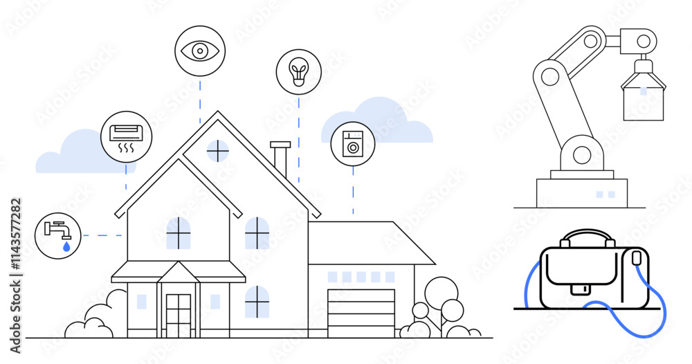 Smart home with various connected devices like security, heating, lighting, and appliances. Robot arm, bag with charging cable. Ideal for technology, automation, IoT, home automation, connectivity Smart home with various connected devices like security, heating, lighting, and appliances. Robot arm, bag with charging cable. Ideal for technology, automation, IoT, home automation, connectivity
