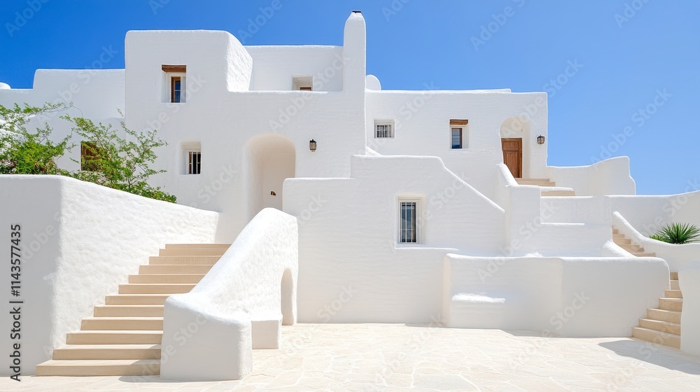 A modern white building with multiple staircases and windows under a clear blue sky, showcasing a minimalist architectural style. A modern white building with multiple staircases and windows under a clear blue sky, showcasing a minimalist architectural style.