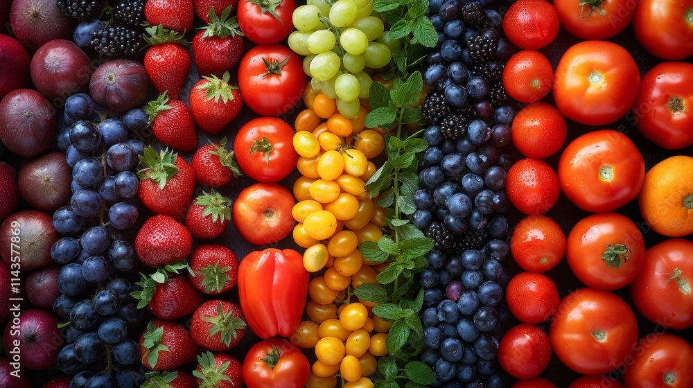 Stripes of fresh fruit and vegetables including red grapes, strawberries, red bell peppers, tomatoes, yellow cherry tomatoes, green grapes, blueberries, blackberries and mint. AI generative. . Stripes of fresh fruit and vegetables including red grapes, strawberries, red bell peppers, tomatoes, yellow cherry tomatoes, green grapes, blueberries, blackberries and mint. AI generative. .
