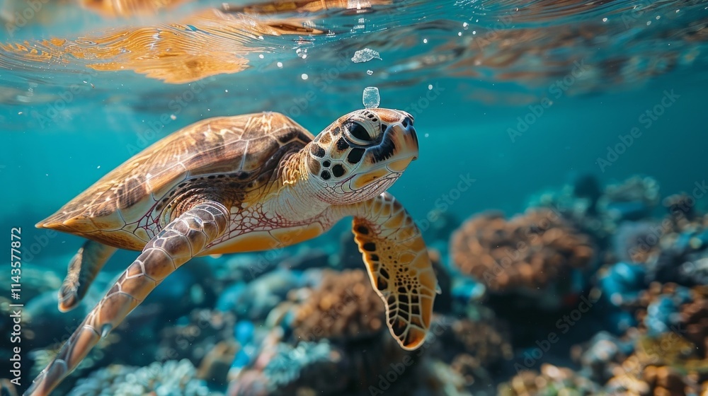 Obraz premium A sea turtle swims through the ocean with its shell and fins visible. AI generative. .