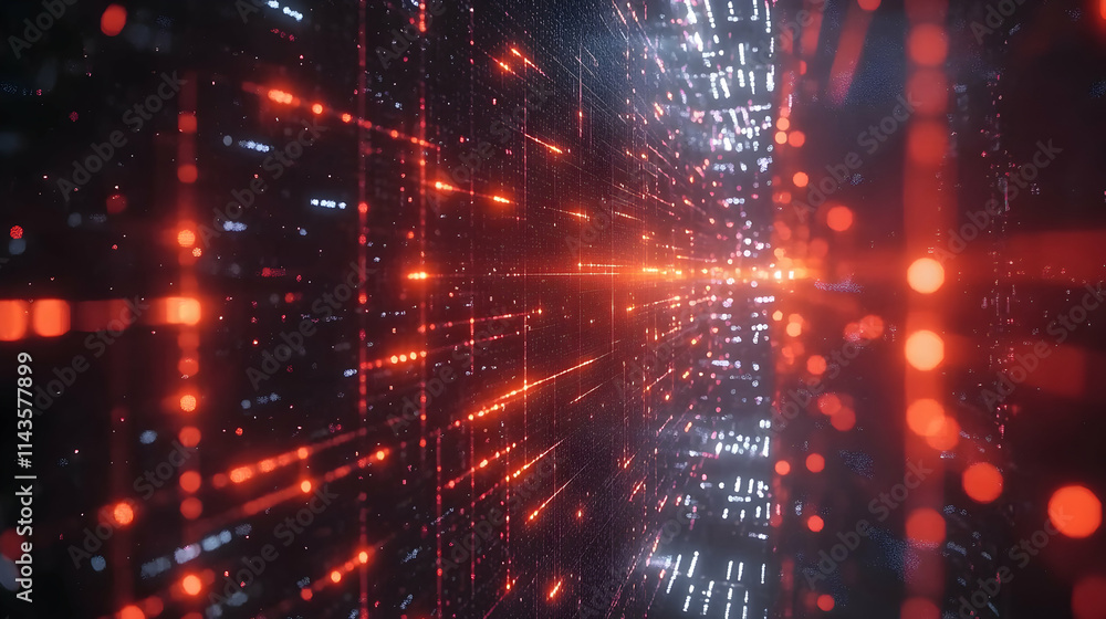Abstract glowing digital tunnel with orange and white particles. Abstract glowing digital tunnel with orange and white particles.