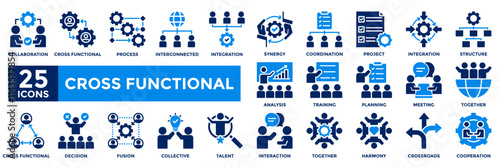 Cross functional icon collection set. Containing collaboration,cooperation,synergy,training,talent,project,integration icon.