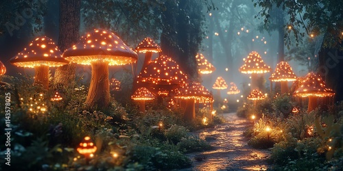 A mystical forest scene with glowing mushrooms illuminating a winding path.