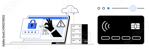 Laptop displaying cybersecurity alerts, lock icons, and a hand holding keys data server nearby black contactless bank card. Ideal for online security, data encryption, secure payments, IT photo