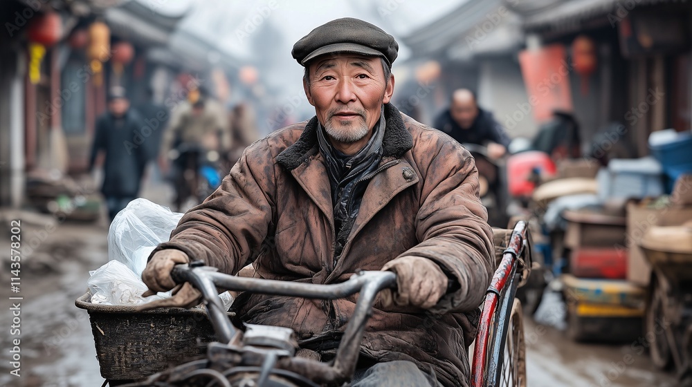 Obraz premium chinese elderly riding vintage bycicle in street market