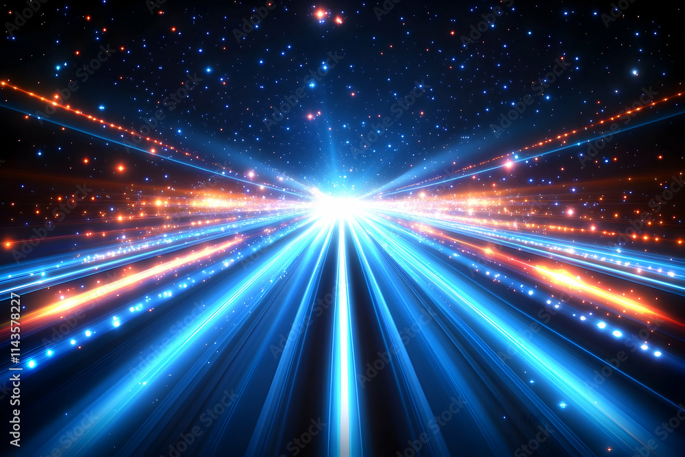 Abstract glowing lines converging to a bright center, resembling a futuristic highway or space tunnel with sparkling particles. Abstract glowing lines converging to a bright center, resembling a futuristic highway or space tunnel with sparkling particles.