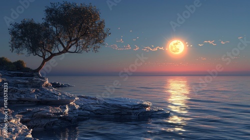 Silhouette of a tree on a rocky shore with a large sun in the sky reflected in the water. AI generative. . photo