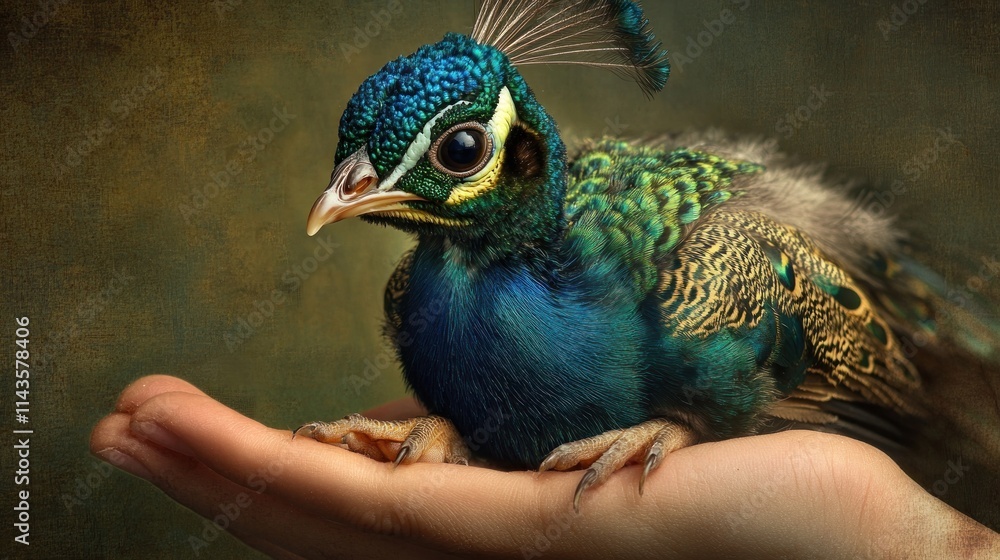 A Tiny Peacock Perched on a Hand A Tiny Peacock Perched on a Hand