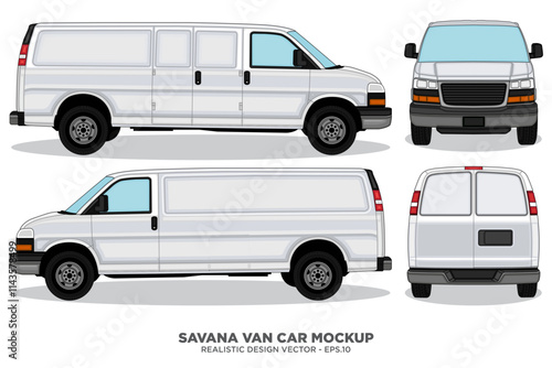 Realistic savana van car vector mockup for car branding on white background. View from side, front, back.