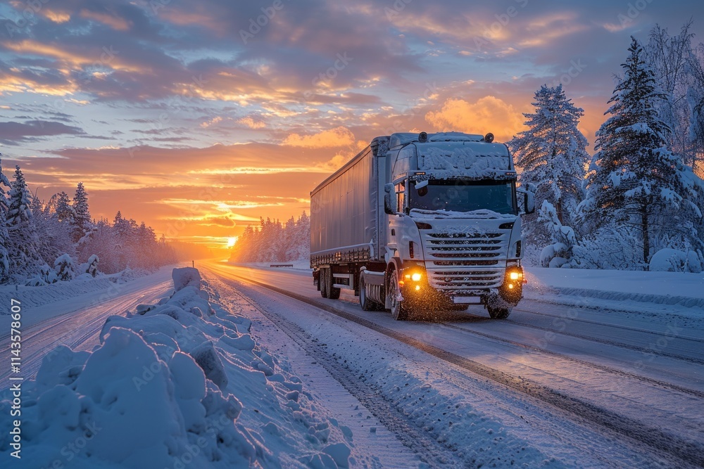 A white semi-truck drives down a snowy road at sunset. AI generative. . A white semi-truck drives down a snowy road at sunset. AI generative. .
