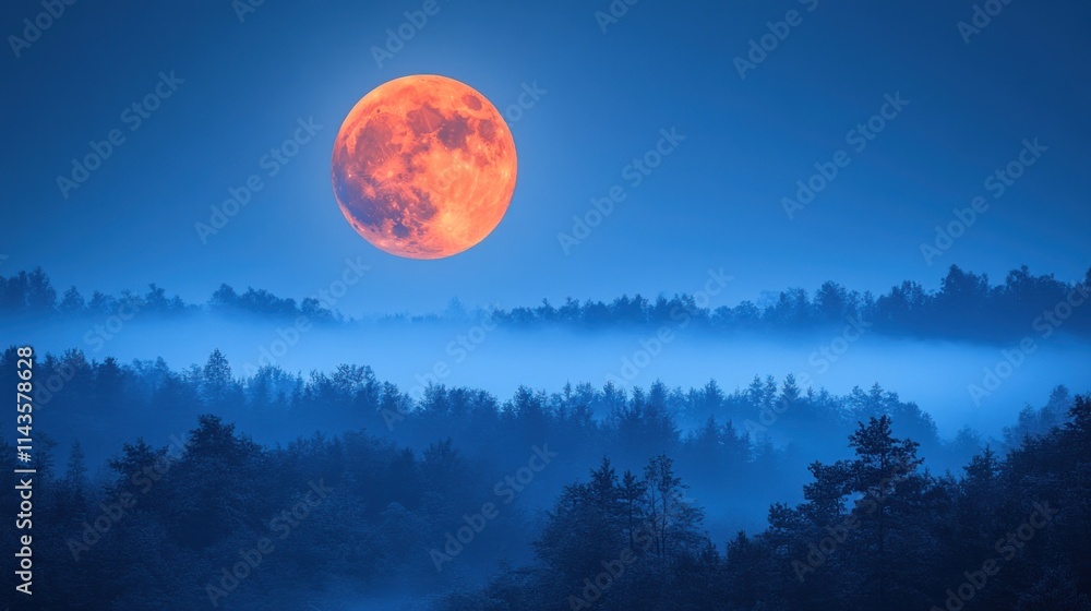 A large orange moon rises over a misty forest landscape at dusk. A large orange moon rises over a misty forest landscape at dusk.