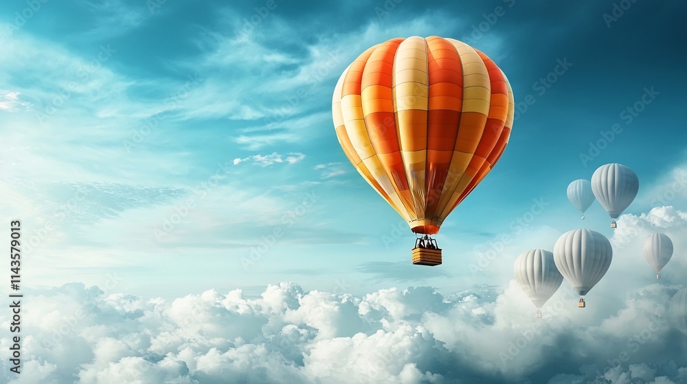 Fototapeta premium Soaring Individualism A Vibrant Hot Air Balloon Rises Above the Dull Gray Balloons Representing the Beauty of Uniqueness and Contrast in the Serene Sky