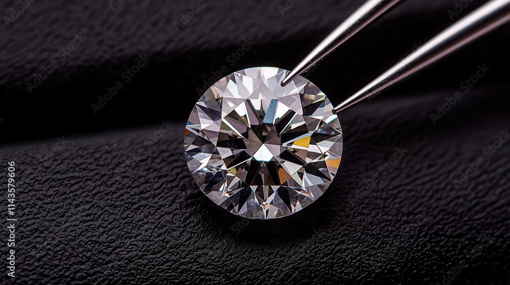 Tweezers hold a round-cut diamond. Close-up of a sparkling diamond held by tweezers. Tweezers hold a round-cut diamond. Close-up of a sparkling diamond held by tweezers.