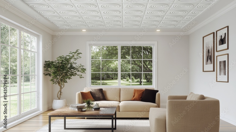 A modern living room with large windows, plants, and comfortable seating. A modern living room with large windows, plants, and comfortable seating.