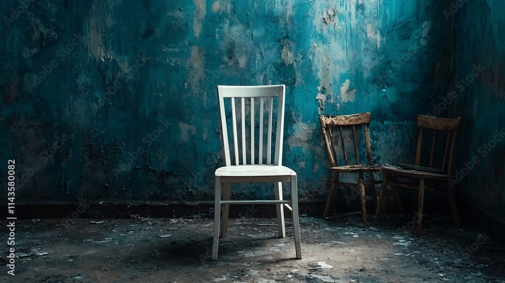 A single clean untouched white chair standing out in a room full of dirty worn out furniture symbolizing the contrast between the new and the old and the concept of renewal and refreshment A single clean untouched white chair standing out in a room full of dirty worn out furniture symbolizing the contrast between the new and the old and the concept of renewal and refreshment