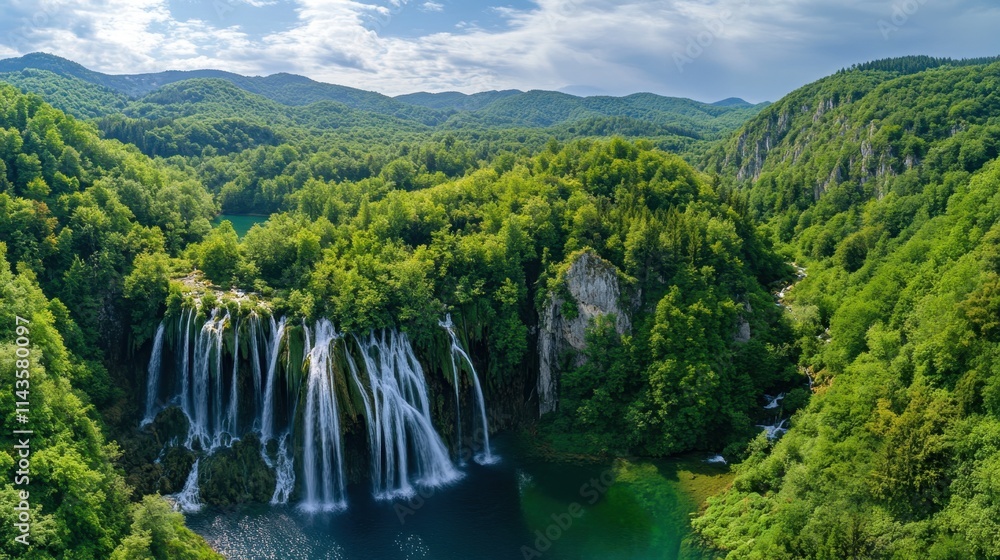 Aerial view of waterfall in green forest Aerial view of waterfall in green forest