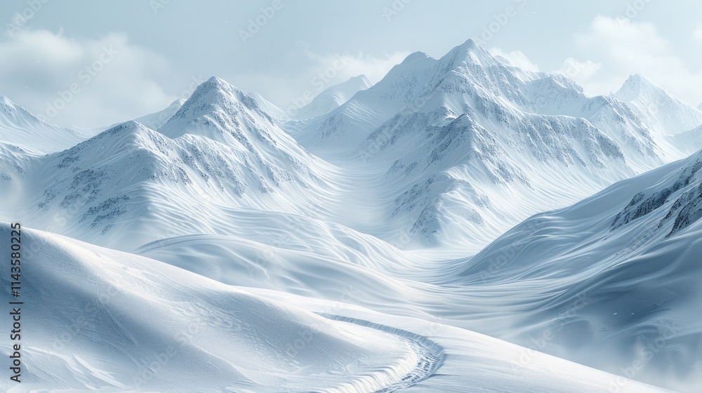 Snow covered mountain peaks with a winding path in the foreground. AI generative. . Snow covered mountain peaks with a winding path in the foreground. AI generative. .