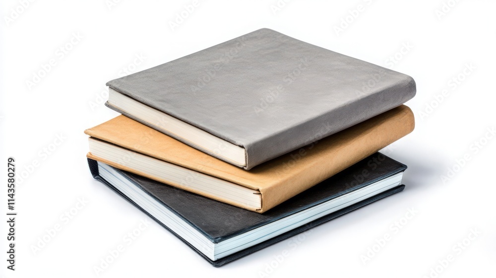 Stack of books with hardcover bindings and neutral tones on a white background Stack of books with hardcover bindings and neutral tones on a white background