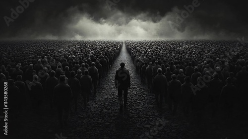A single person walking against the flow of a large crowd all moving in the same direction  This image symbolizes nonconformity independent thinking