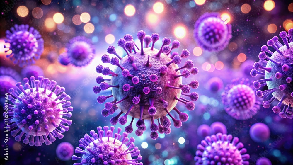 Glowing purple virus, microscopic bokeh, double exposure; abstract science art. Glowing purple virus, microscopic bokeh, double exposure; abstract science art.