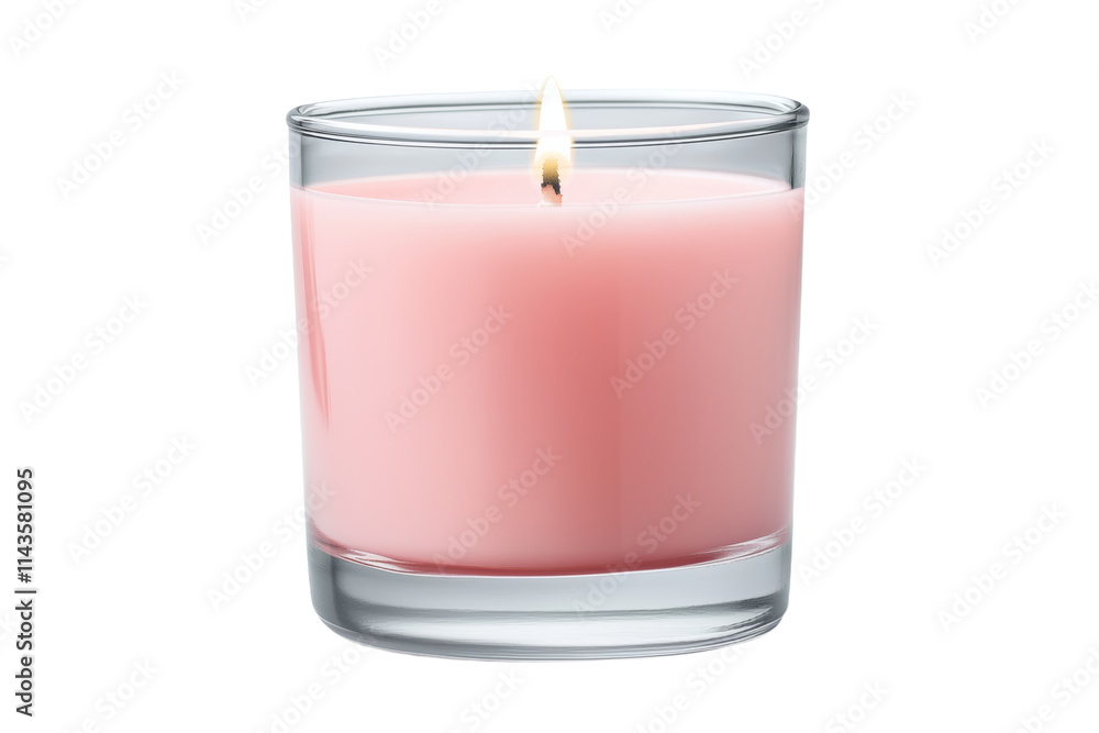 A pink candle is lit in a clear glass container A pink candle is lit in a clear glass container