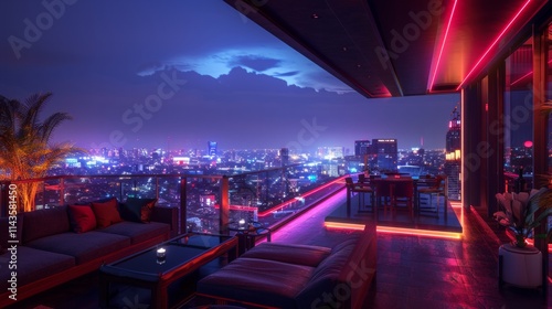 Night cityscape viewed from a rooftop lounge with neon lights and a couch. AI generative. .