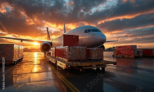 Airplane at sunset with cargo containers on a runway.