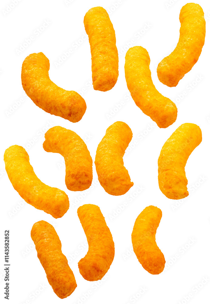 Obraz premium Corn snacks cheesy isolated on white background, Puff corn or Corn puffs cheese flavor on white PNG File..
